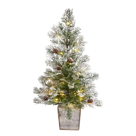 2’ Frosted Pre-Lit Artificial Christmas Tree with Pinecones in Decorative Planter-Christmas Tree-Parc Decor