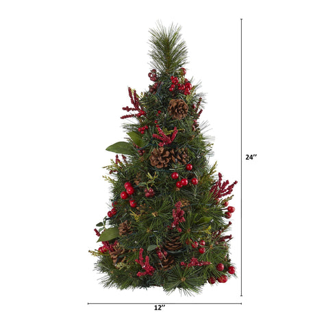 2’ Mixed Berry and Pine Cone Artificial Christmas Tree with 35 Clear LED Lights-Christmas Tree-Parc Decor