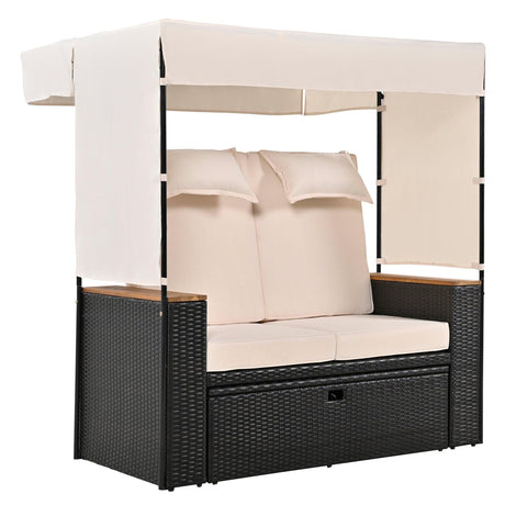 2-Piece Outdoor Rattan Daybed with Bench Lounge Roof Set and Cushions for Poolside, Backyard and Garden-户外家居套装-Parc Decor