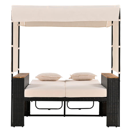 2-Piece Outdoor Rattan Daybed with Bench Lounge Roof Set and Cushions for Poolside, Backyard and Garden-户外家居套装-Parc Decor