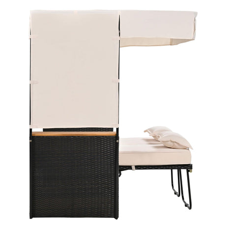 2-Piece Outdoor Rattan Daybed with Bench Lounge Roof Set and Cushions for Poolside, Backyard and Garden-户外家居套装-Parc Decor