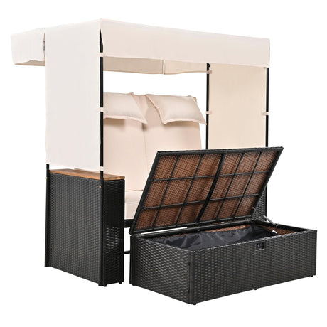 2-Piece Outdoor Rattan Daybed with Bench Lounge Roof Set and Cushions for Poolside, Backyard and Garden-户外家居套装-Parc Decor