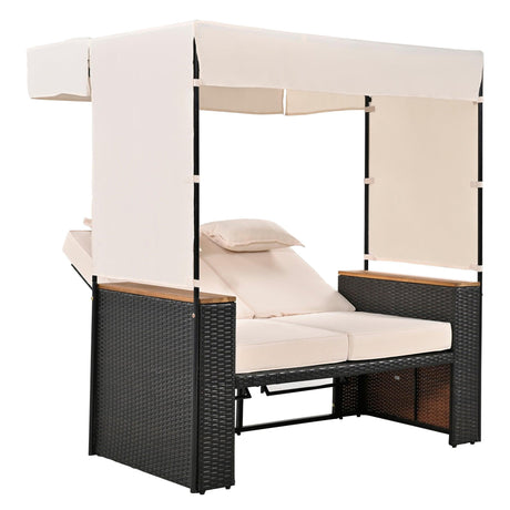 2-Piece Outdoor Rattan Daybed with Bench Lounge Roof Set and Cushions for Poolside, Backyard and Garden-户外家居套装-Parc Decor