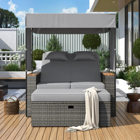 2-Piece Outdoor Rattan Daybed with Bench Lounge Roof Set and Cushions for Poolside, Backyard and Garden-户外家居套装-Parc Decor