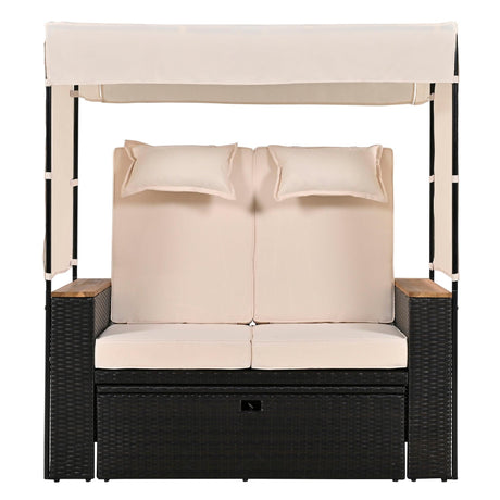 2-Piece Outdoor Rattan Daybed with Bench Lounge Roof Set and Cushions for Poolside, Backyard and Garden-户外家居套装-Parc Decor