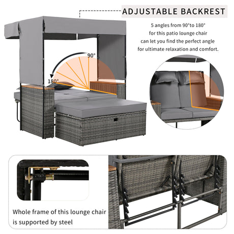 2-Piece Outdoor Rattan Daybed with Bench Lounge Roof Set and Cushions for Poolside, Backyard and Garden-户外家居套装-Parc Decor