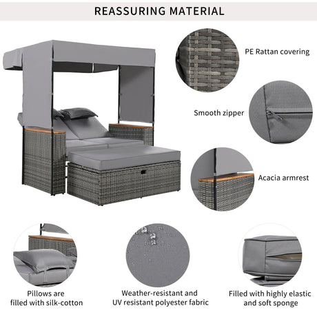 2-Piece Outdoor Rattan Daybed with Bench Lounge Roof Set and Cushions for Poolside, Backyard and Garden-户外家居套装-Parc Decor