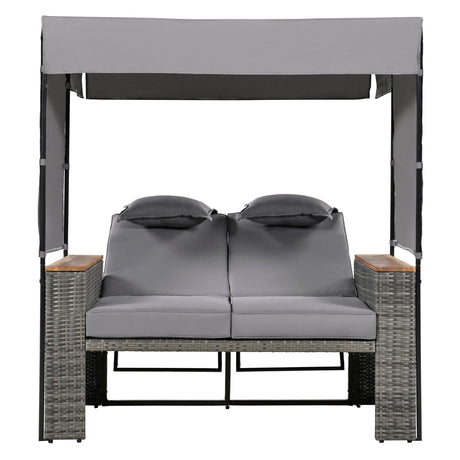 2-Piece Outdoor Rattan Daybed with Bench Lounge Roof Set and Cushions for Poolside, Backyard and Garden-户外家居套装-Parc Decor