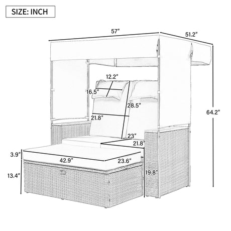 2-Piece Outdoor Rattan Daybed with Bench Lounge Roof Set and Cushions for Poolside, Backyard and Garden-户外家居套装-Parc Decor