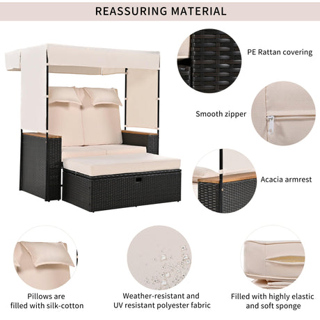 2-Piece Outdoor Rattan Daybed with Bench Lounge Roof Set and Cushions for Poolside, Backyard and Garden-户外家居套装-Parc Decor