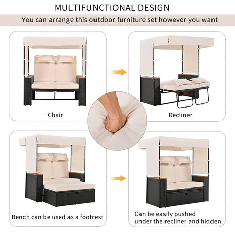 2-Piece Outdoor Rattan Daybed with Bench Lounge Roof Set and Cushions for Poolside, Backyard and Garden-户外家居套装-Parc Decor