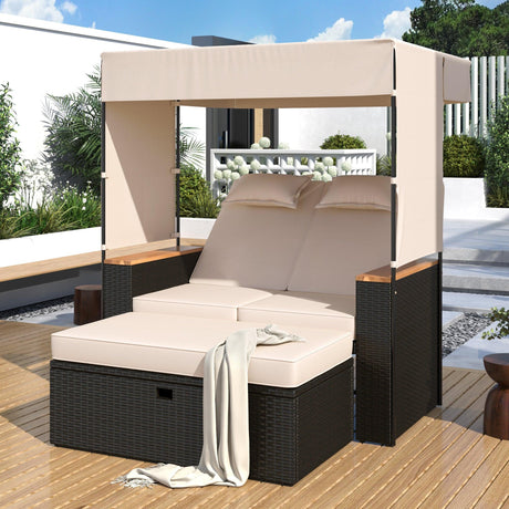 2-Piece Outdoor Rattan Daybed with Bench Lounge Roof Set and Cushions for Poolside, Backyard and Garden-户外家居套装-Parc Decor