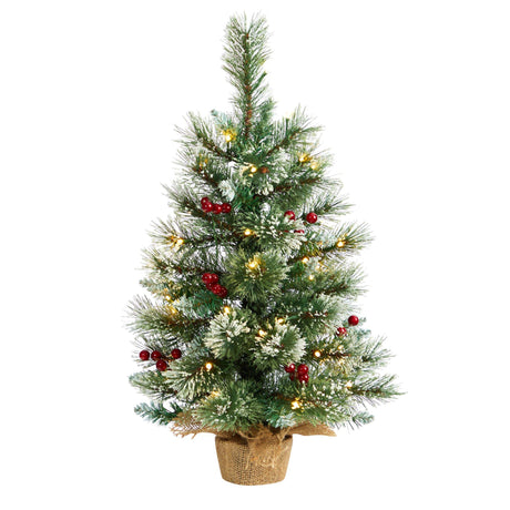 2’ Snow Tipped Pine and Berry Artificial Christmas Tree with 35 Warm White LED Lights in Burlap Base-Christmas Tree-Parc Decor