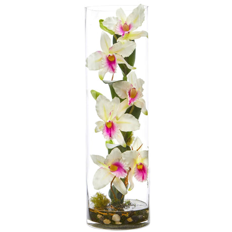 20’’ Cattleya Orchid Artificial Floral Arrangement in Cylinder Vase-Parc Decor