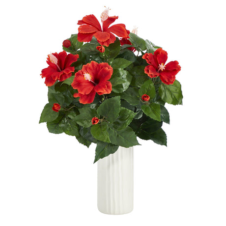 20” Hibiscus Artificial Plant Artificial Plant in White Planter-Parc Decor