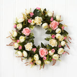 20” White & Pink Rose Artificial Wreath-Parc Decor