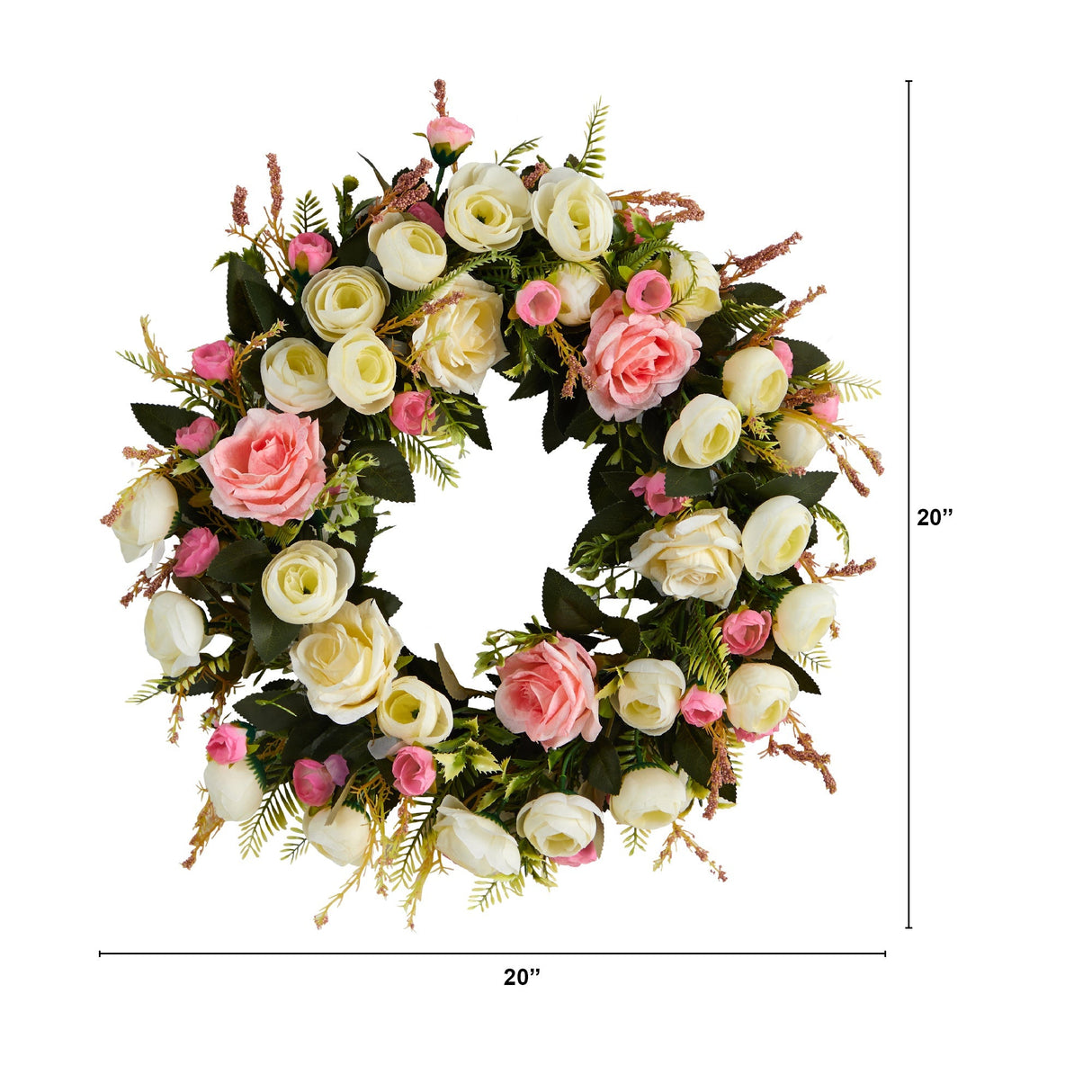 20” White & Pink Rose Artificial Wreath-Parc Decor