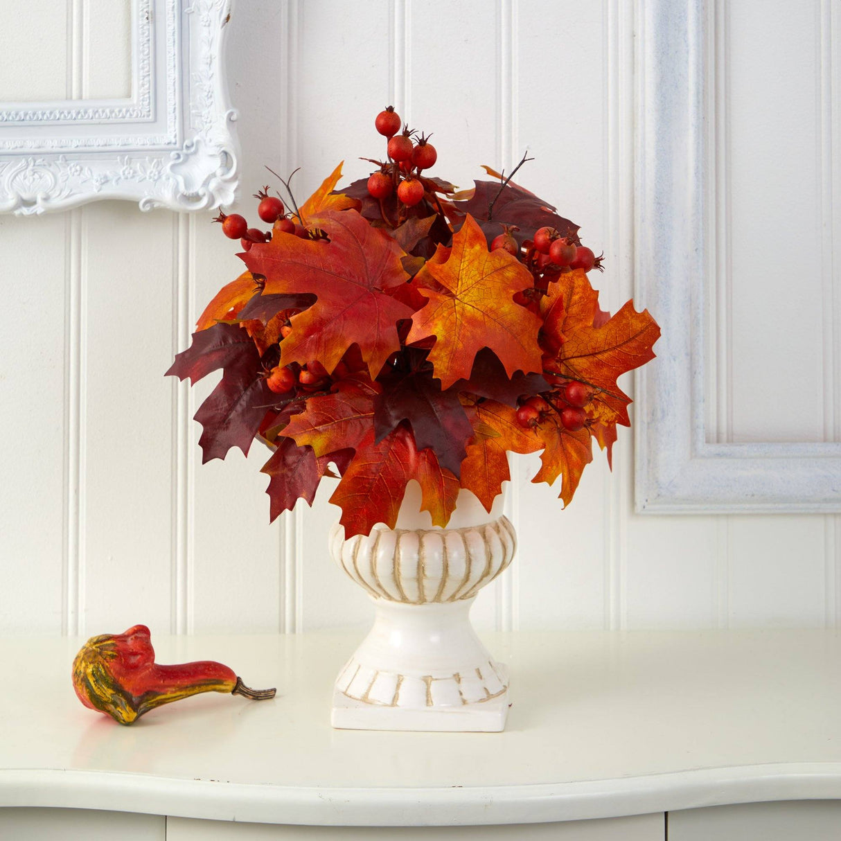 20” Autumn Maple Leaf and Berries Artificial Plant in White Urn-Plant in Planter-Parc Decor