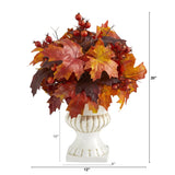 20” Autumn Maple Leaf and Berries Artificial Plant in White Urn-Plant in Planter-Parc Decor