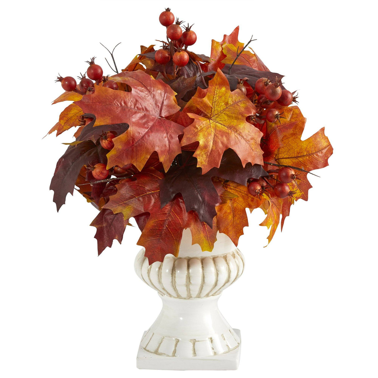 20” Autumn Maple Leaf and Berries Artificial Plant in White Urn-Plant in Planter-Parc Decor