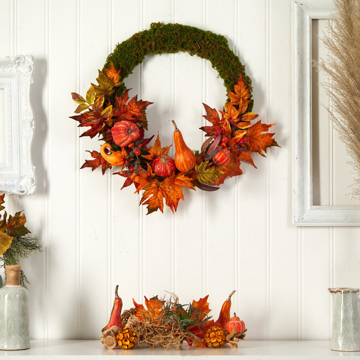 20” Autumn Pumpkin, Gourd and Fall Maple Leaf Artificial Wreath-Wreath-Parc Decor