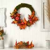 20” Autumn Pumpkin, Gourd and Fall Maple Leaf Artificial Wreath-Wreath-Parc Decor