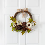 20” Autumn Sunflower, White Pumpkin and Dried Lotus Pod Artificial Fall Wreath with Decorative Bow-Wreath-Parc Decor