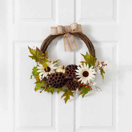 20” Autumn Sunflower, White Pumpkin and Dried Lotus Pod Artificial Fall Wreath with Decorative Bow-Wreath-Parc Decor