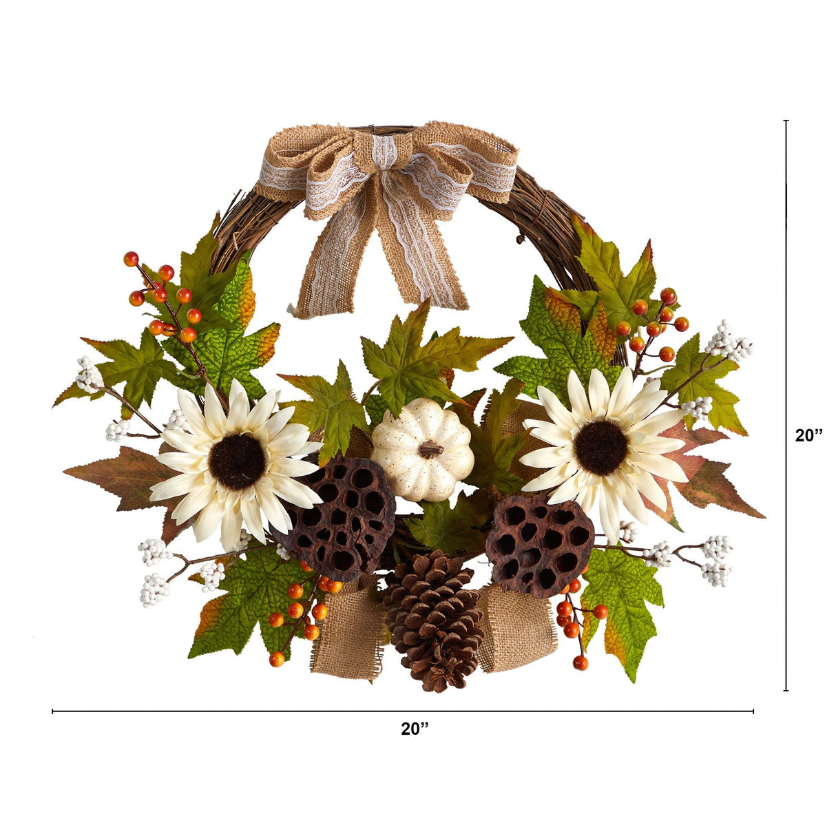 20” Autumn Sunflower, White Pumpkin and Dried Lotus Pod Artificial Fall Wreath with Decorative Bow-Wreath-Parc Decor