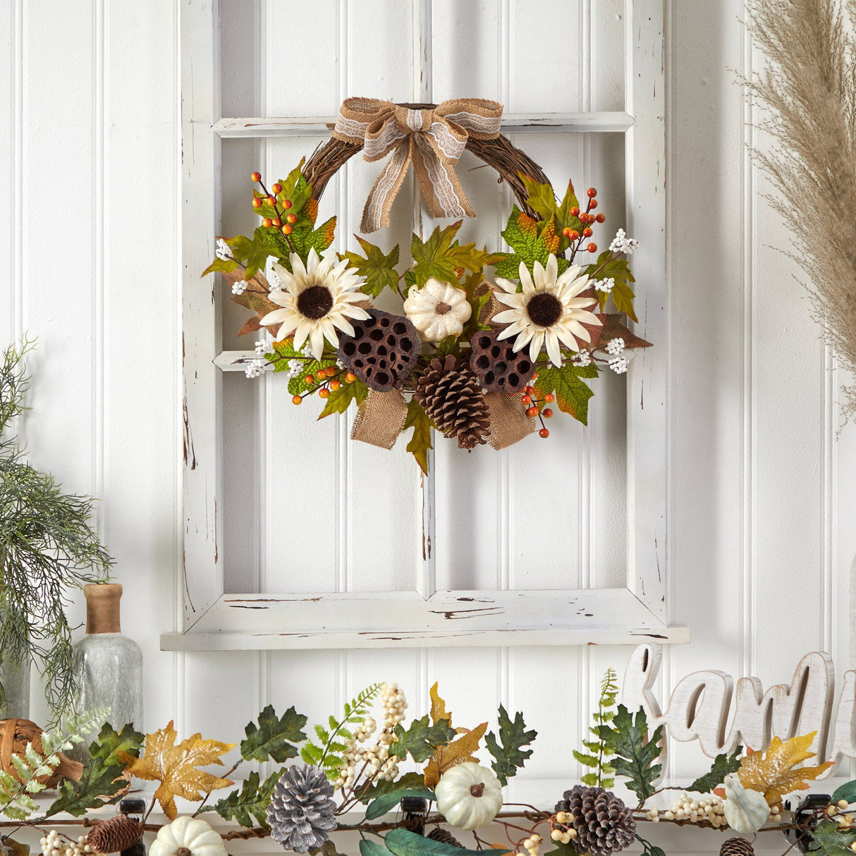 20” Autumn Sunflower, White Pumpkin and Dried Lotus Pod Artificial Fall Wreath with Decorative Bow-Wreath-Parc Decor
