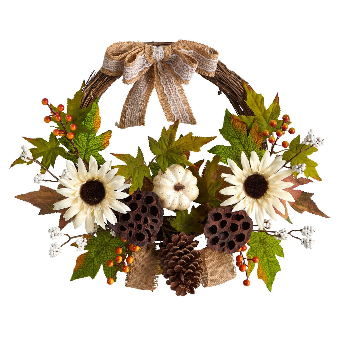 20” Autumn Sunflower, White Pumpkin and Dried Lotus Pod Artificial Fall Wreath with Decorative Bow-Wreath-Parc Decor
