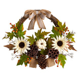 20” Autumn Sunflower, White Pumpkin and Dried Lotus Pod Artificial Fall Wreath with Decorative Bow-Wreath-Parc Decor
