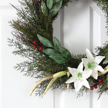 20” Cedar, Antlers, Lily and Ruscus with Berries Artificial Wreath-Wreath-Parc Decor