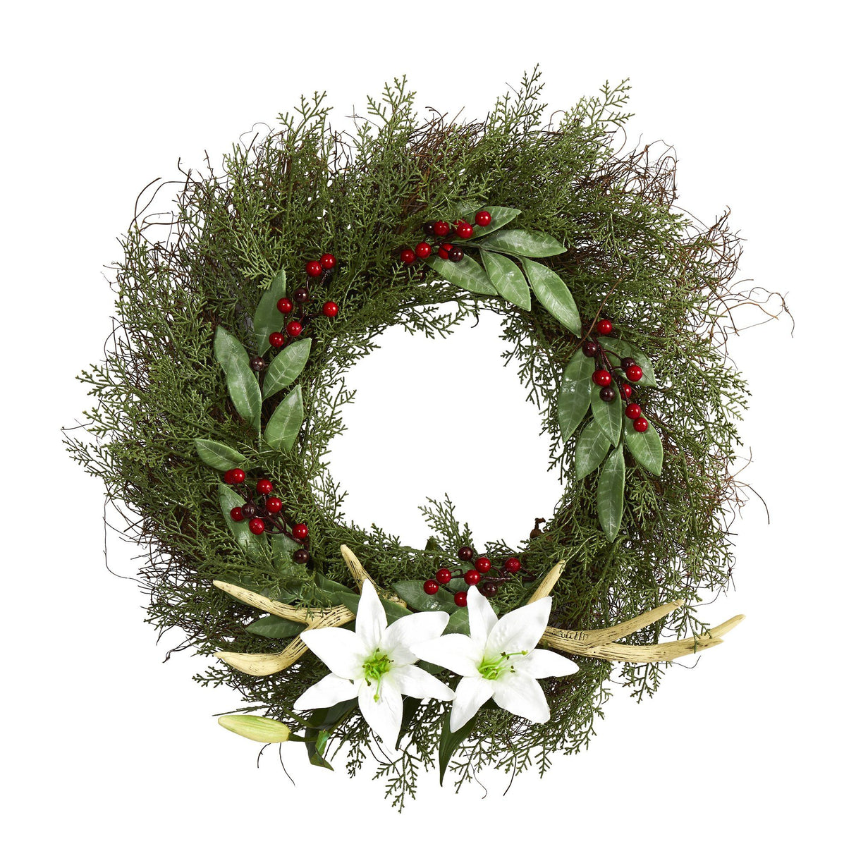 20” Cedar, Antlers, Lily and Ruscus with Berries Artificial Wreath-Wreath-Parc Decor