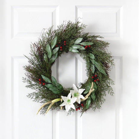 20” Cedar, Antlers, Lily and Ruscus with Berries Artificial Wreath-Wreath-Parc Decor