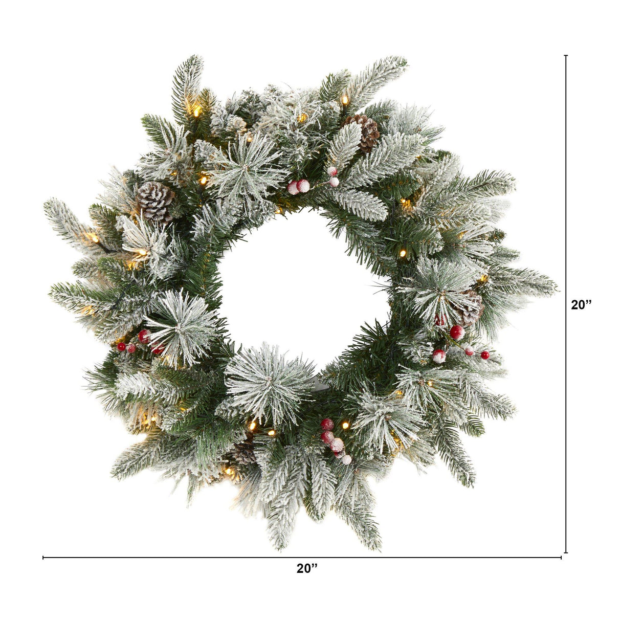 20” Flocked Mixed Pine Artificial Christmas Wreath with 50 LED Lights, Pine Cones and Berries-Wreath-Parc Decor