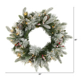 20” Flocked Mixed Pine Artificial Christmas Wreath with 50 LED Lights, Pine Cones and Berries-Wreath-Parc Decor