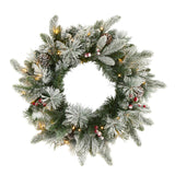 20” Flocked Mixed Pine Artificial Christmas Wreath with 50 LED Lights, Pine Cones and Berries-Wreath-Parc Decor