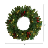 20” Frosted Pine Artificial Christmas Wreath with Pinecones, Berries and 35 Warm White LED Lights-Wreath-Parc Decor