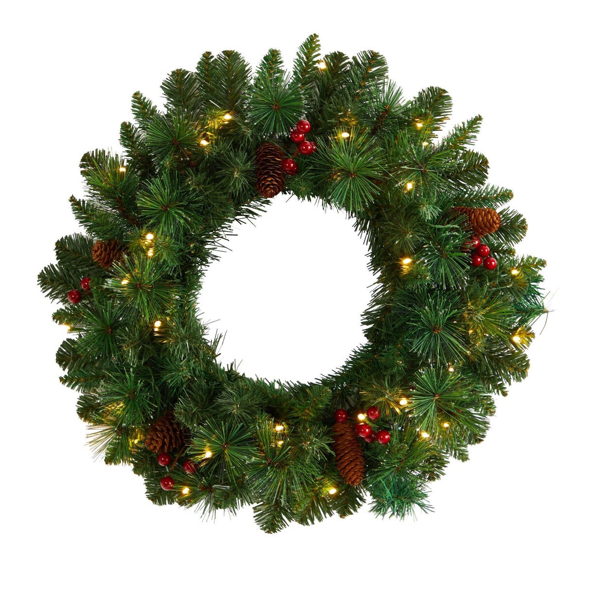 20” Frosted Pine Artificial Christmas Wreath with Pinecones, Berries and 35 Warm White LED Lights-Wreath-Parc Decor