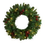 20” Frosted Pine Artificial Christmas Wreath with Pinecones, Berries and 35 Warm White LED Lights-Wreath-Parc Decor