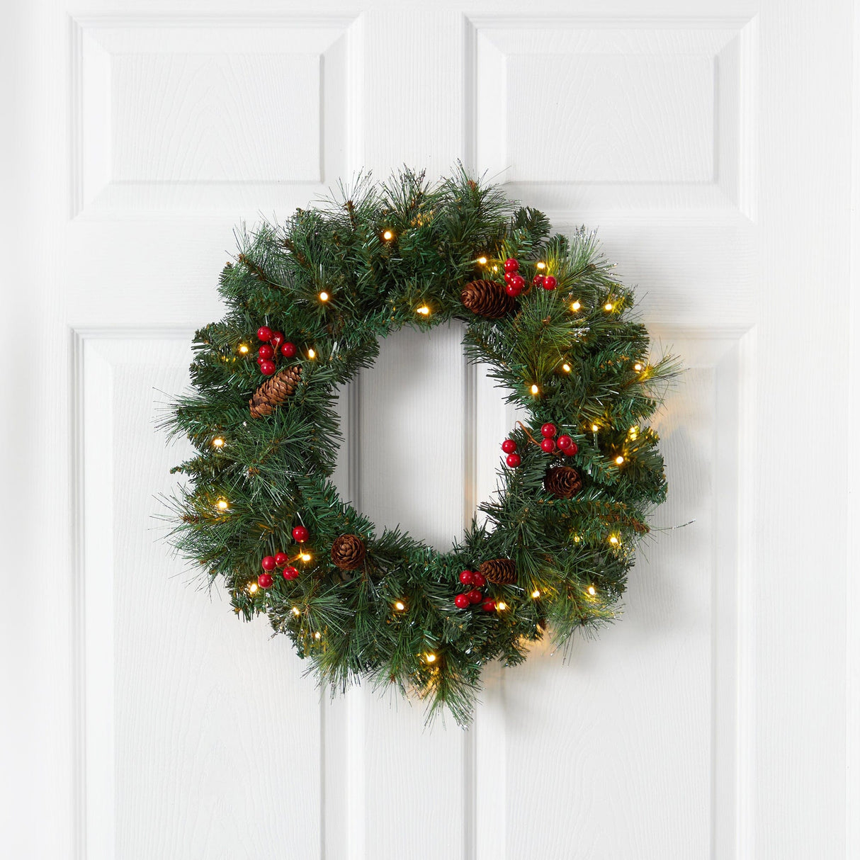 20” Frosted Pine Artificial Christmas Wreath with Pinecones, Berries and 35 Warm White LED Lights-Wreath-Parc Decor