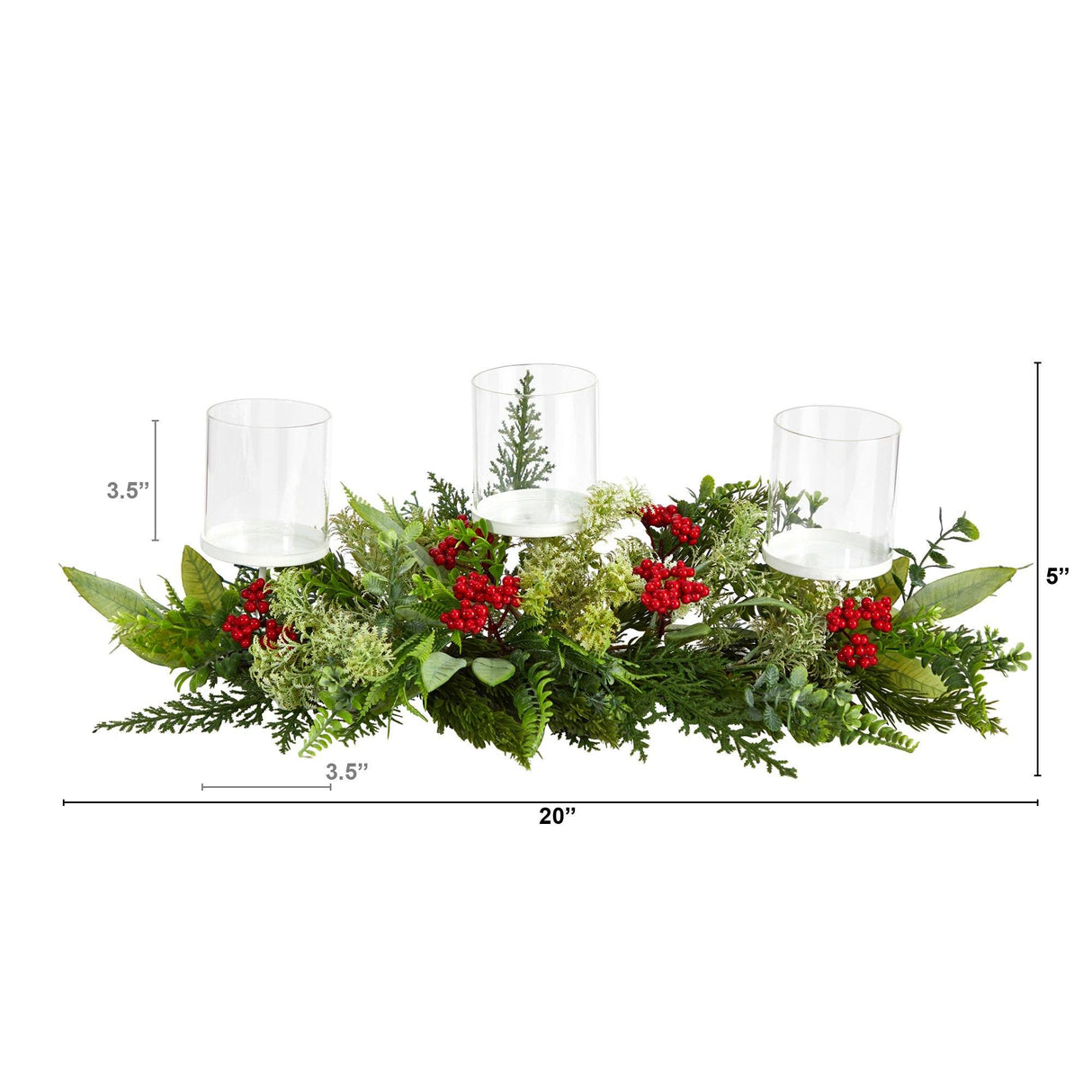 20” Holiday Winter Greenery and Berries Triple Candle Holder Artificial Christmas Table Arrangement-Arrangement-Parc Decor