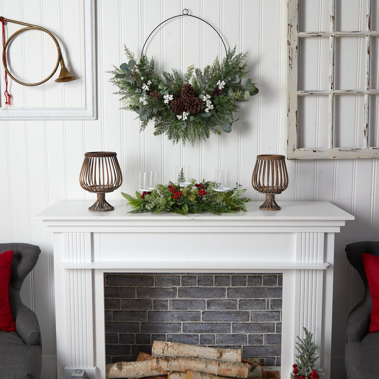 20” Holiday Winter Greenery and Berries Triple Candle Holder Artificial Christmas Table Arrangement-Arrangement-Parc Decor