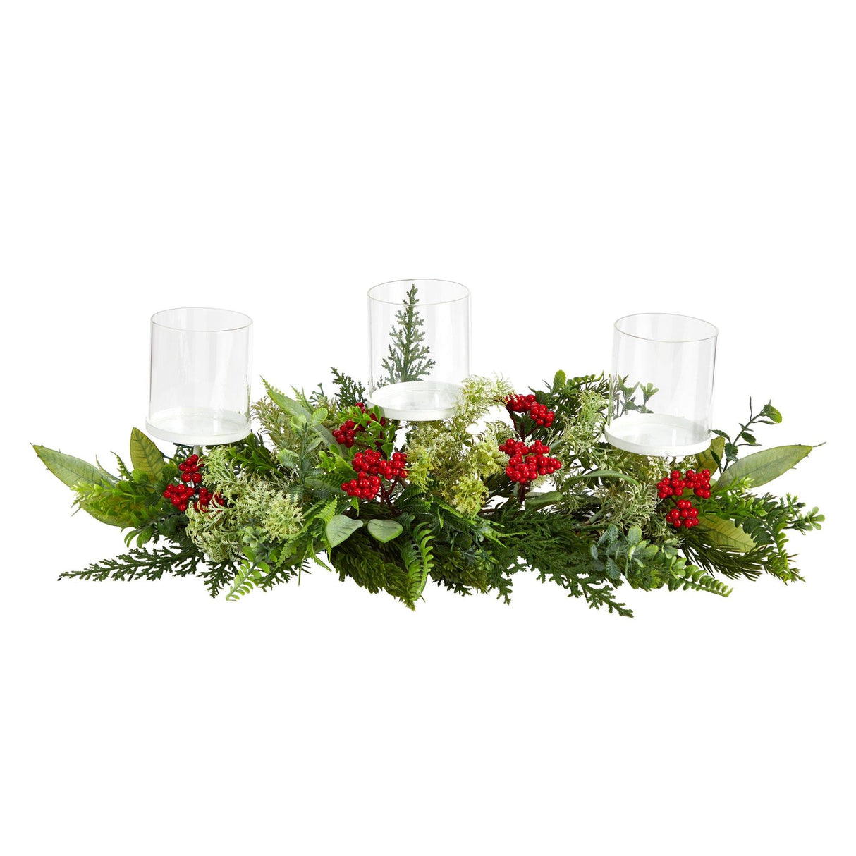 20” Holiday Winter Greenery and Berries Triple Candle Holder Artificial Christmas Table Arrangement-Arrangement-Parc Decor