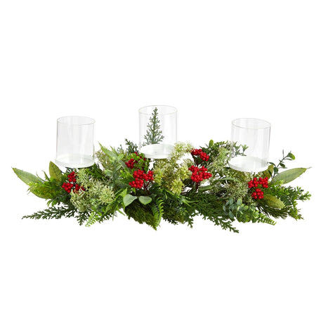 20” Holiday Winter Greenery and Berries Triple Candle Holder Artificial Christmas Table Arrangement-Arrangement-Parc Decor