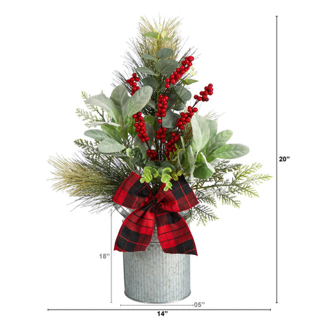 20" Holiday Winter Greenery, Pinecone and Berries with Buffalo Plaid Bow Christmas Arrangement"-Arrangement-Parc Decor