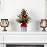20" Holiday Winter Greenery, Pinecone and Berries with Buffalo Plaid Bow Christmas Arrangement"-Arrangement-Parc Decor