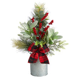 20" Holiday Winter Greenery, Pinecone and Berries with Buffalo Plaid Bow Christmas Arrangement"-Arrangement-Parc Decor