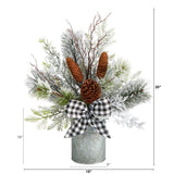 20” Holiday Winter Greenery with Pinecones and Gingham Plaid Bow Table Christmas Arrangement-Arrangement-Parc Decor